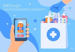 Hand with phone for online order of medicines.Bag with pills,bottles,antibiotics.Online pharmacy with home delivery service-drugs, prescription medicines order.Vector for web,banners,flyers.