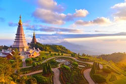 Landscape of two pagoda (noppha methanidon-noppha phon phum siri stupa) in an Inthanon mountain, chiang mai, Thailand