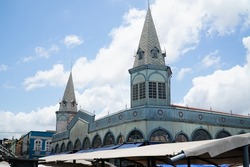 The four towers at the corners of the Ver-O-Peso market are significant structures that give the market, which opened in 1901, its unique appearance. Belem, state of Para, Brazil.             