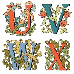 Upper case U, V, W, X. Drop Caps. Cartoon letters fabulous hand drawn. Fabulous ornamental capital letters. For fairy tale design. Design text of the book fairytales.  Vector illustration