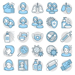 A set of icons related to the prevention of viral diseases. A collection of simple medical icons. Protection from coronavirus. Flat line style infographics. Stopping the corona virus