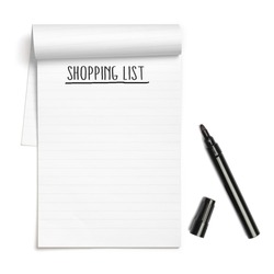 Shopping List on note book with black pen, with copy space, isolated on white background