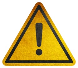 Hazard warning symbol rustic texture with exclamation mark on white background. Hazard warning attention sign with exclamation mark symbol. 