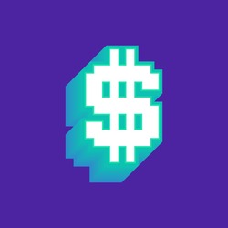 Money symbol with 3d shadow. Pixel sign of dollar. Blue money icon in 2d. Bonus. Retro. Cartoon. 8-bit. Financial. Business.