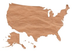 Map of United States of America made with crumpled kraft paper. Handmade map with recycled material. USA. EEUU