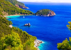 Amazing nature and sea landscapes of Greece. Skopelos island, Sporades. View of Stafilos bay and beach