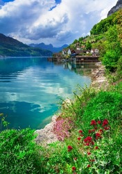 Idyllic nature of Swiss lakes - Walensee ,tranquil typical small village Quinten. Switzerland scenic landscape