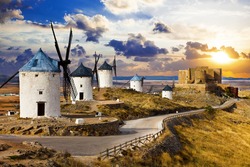 windmills of Don Quixote., Spain. Traditional spanish windmills. Legendary windmills of writer Servantes. Consuegra, Spain