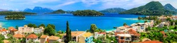 Panoramic view of Nidri bay, beautiful Lefkada island. Ionian islands of Greece. Greek summer holidays