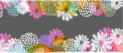 Vector border with lemon, white, blue, pink stylized doodle flowers and place for your text on gray background.