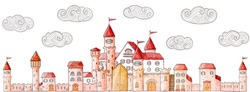 Vector cartoon cute castle and doodle clouds. Medieval architecture: houses, towers, fences, walls, gates