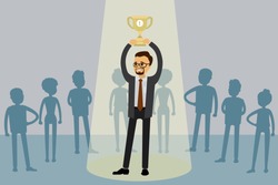 Job candidate won and stand in spotlight with cup, human resource recruitment concept,silhouettes of different people on the background,flat vector illustration