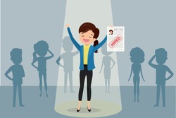 Job candidate won and stand in spotlight,caucasian female and paper page with red stamp -hired, human resource recruitment concept,silhouettes of different people,flat vector illustration