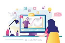 E-learning banner. Online education, home schooling. Modern workplace, man teacher on laptop screen, woman watching online course. Web courses or tutorials concept. Education vlog. Vector illustration