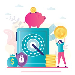 Businesswoman puts golden coin in deposit box. Concept of savings cash and investment. Earnings and profit. Female character with strongbox. Bank deposit, financial services. Flat vector illustration