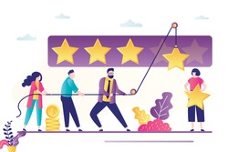 People use rope and raise stars. Review banner concept, testimonials. Teamwork, people vote or rate. Clients feedback. Business quality, five stars rating. Trendy flat vector illustration