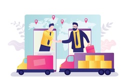 Customer and supplier shake hands on smartphone screens. Logistics, delivery of goods all over world. Globalization, modern technologies in sales, delivery and transportation. Flat vector illustration
