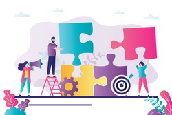 Business teamwork. Employees holds puzzle parts. Successful negotiations. Development of new project, collaboration. Funny tiny people. Team building, brainstorming concept. Flat vector illustration