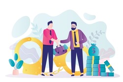 Man giving bribe to businessman. People shake hands in honor of completion of deal. Guy bribes politician. Сorruption, illegal activities. Person hold suitcase full of cash. Flat vector illustration