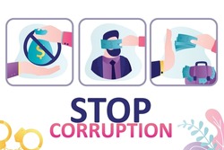 Fight against corruption and bribery. Man offers bribe to civil servant. Politician refuses offered money. Sign prohibiting corruption transactions. Anti-corruption policy. Flat vector illustration