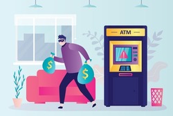 Criminal robbed ATM terminal. Masked thief with money bags. Illegal actions concept. Funny thief escapes after robbing cash machine. Bank interior. Flat vector illustration