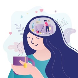 Female character rejoices in purified mind. Cleaning woman puts things in order in brain. Cute girl improved mental health with therapy. Concept of psychotherapy and sanity. Flat vector illustration