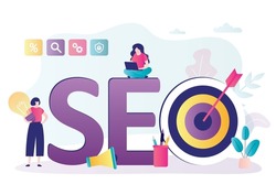 SEO specialists optimize websites for search engines. Marketing strategy and market research. Woman offers new idea for webpage optimization. Seo analytics. Target with dart. Flat vector illustration