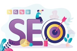 SEO specialist optimize websites for search engines. Marketing strategy and market research. Manager looking new idea for webpage optimization. Seo analytics. Target with dart. Vector illustration