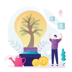 Businessman came up with new idea how to make money. Entrepreneur growing money tree in lamp. Concept of innovative ideas, creative thinking. Guy rejoices in new business project. Vector illustration