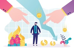 Hands pointing to bankrupt entrepreneur with empty pockets. Company went bankrupt due to financial problems. Businessman's savings and profits burning up. Bankruptcy concept. Flat vector illustration