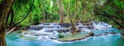 Huai Mae Khamin Waterfall level 6, Khuean Srinagarindra National Park, Kanchanaburi, Thailand, panorama