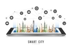 Smart city on a digital tablet or smartphone: with smart services and icons, internet of things, networks, commercial, business and augmented reality concept vector design