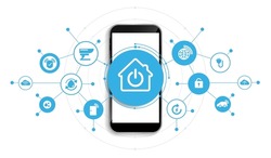 Smart home with smartphone interface icons in room interior. Concept control and modern technology on a virtual screen, user touching a button. vector design.