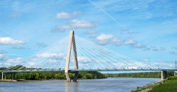 The Christopher S Bond bridge across the Missouri River in Kansas City, Missouri seen from the riverfront park