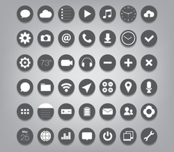 Set of buttons icons for (UI) applications or (app) for smartphones and tablets. Settings, music, media, map, photo, games, mail, clock, note, wifi, download, pictures, chat, camera, message, calendar