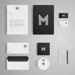 Stationery template with letter M logo. Corporate, identity, company, branding, cd, business card, envelope, leaflet, letterhead, folder. Clean and modern style