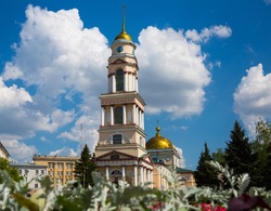 View of architectural ensemble of Nativity of Christ Cathedral in Russian town of Lipetsk