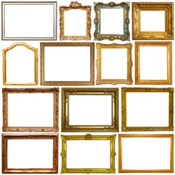 Collection of vintage picture frames on white background