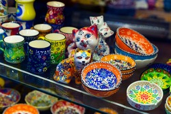 Closeup of traditional Turkish ceramics for sale in souvenir shop in Grand Bazaar, Istanbul, Turkey