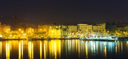 Port Vell at Barcelona in night.   Spain