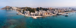 Scenic panoramic aerial view of Durres cityscape on Albanian Adriatic coast with wide landscaped beach promenade along seashore and Royal Villa 