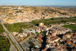 Aerial townscape of Fraga with view of Cinca River. Comarca of Bajo Cinca, province of Huesca, Aragon, Spain.