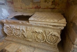 Sarcophagus in St. Nicholas Church, Demre. East Roman basilica church in the ancient city of Myra, Antalya Province Turkey.