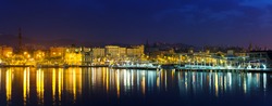 panorama of Barcelona from Port Vell in summer night. Catalonia, Spain