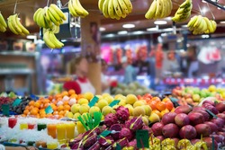 exotic fruits on european market counter