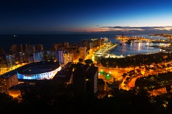Night view of  Malaga with Port and Placa de Torros 