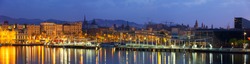 Panorama of Port Vell at Barcelona in dawn. Catalonia, Spain