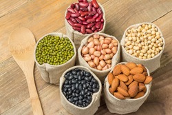 Different kinds of beans in sacks bag on wooden background