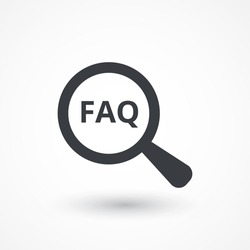 FAQ. Vector icon for web. Magnifying glass with text faq