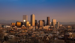Denver Winter Skyline With Rocky Mountains at Sunrise